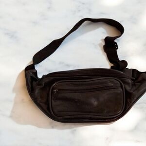 Fanny pack black just enough room add strap in good shape faux leather 13" L 5"